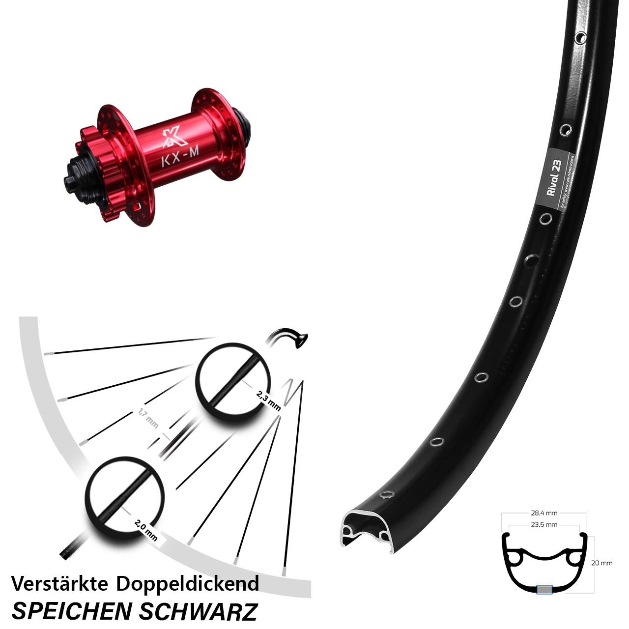 Ryde Rival 23 KX-M rot 27,5 Zoll Disc Laufrad für Schnellspanner