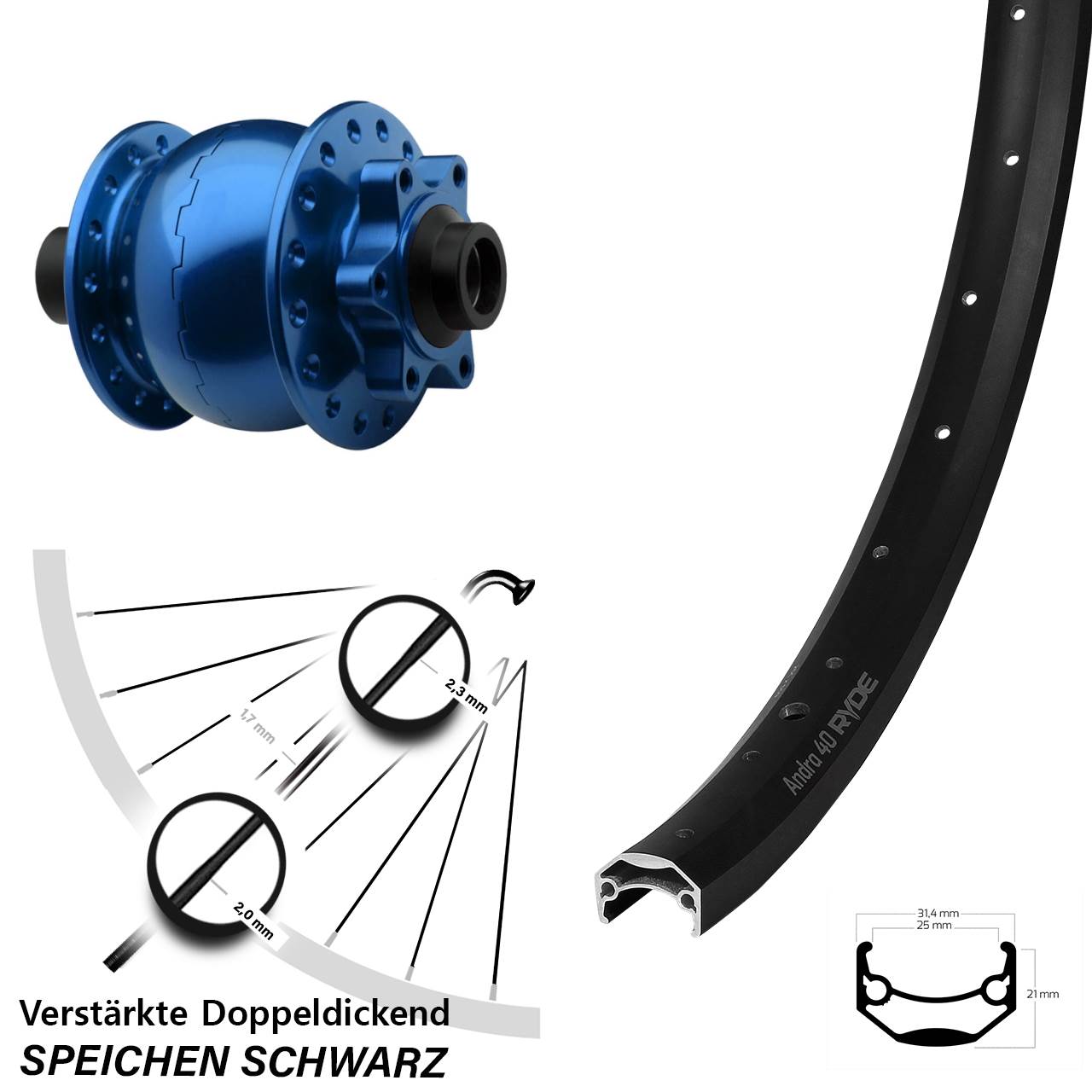 Disc Nabendynamolaufrad 15x100 20 Zoll Ryde Andra 40 SON 28 blau