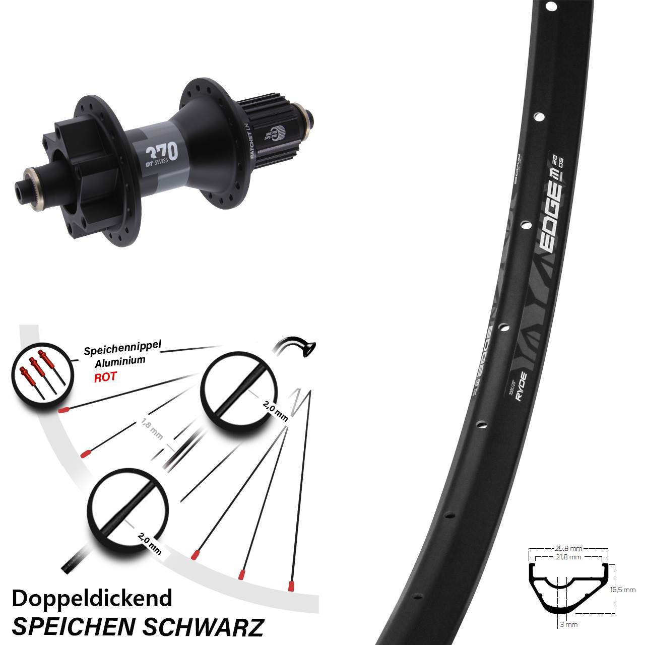 28-29 Zoll Ryde Edge M22 OS DT Swiss 370 Disc Laufrad für Schnellspanner Micro Spline