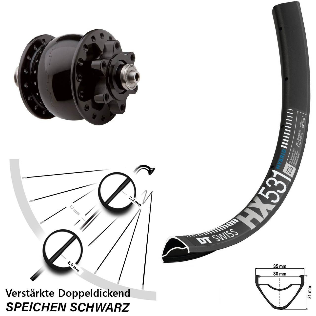 29 Zoll DT Swiss HX 531 SON 28 Dynamo-Vorderrad 6-Loch QR