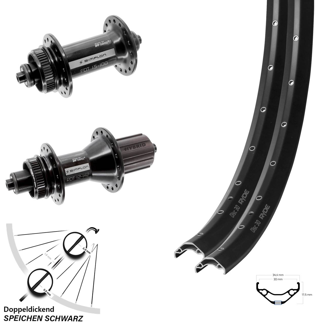 Laufradsatz 29 Zoll Ryde Disc 30 DT Swiss 370 Hybrid 8-11 fach HG QR