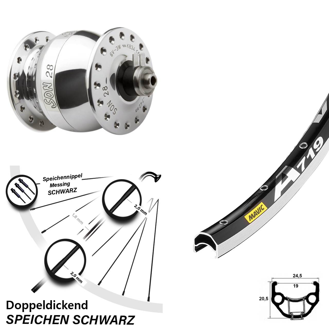 Nabendynamovorderrad für Schnellspanner SON 28 Zoll Mavic A719