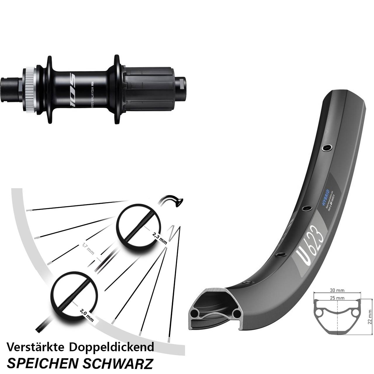 29 Zoll DT Swiss U623 Shimano 105 FH-R7070 Hinterrad Centerlock 12x142 8-12 fach HG