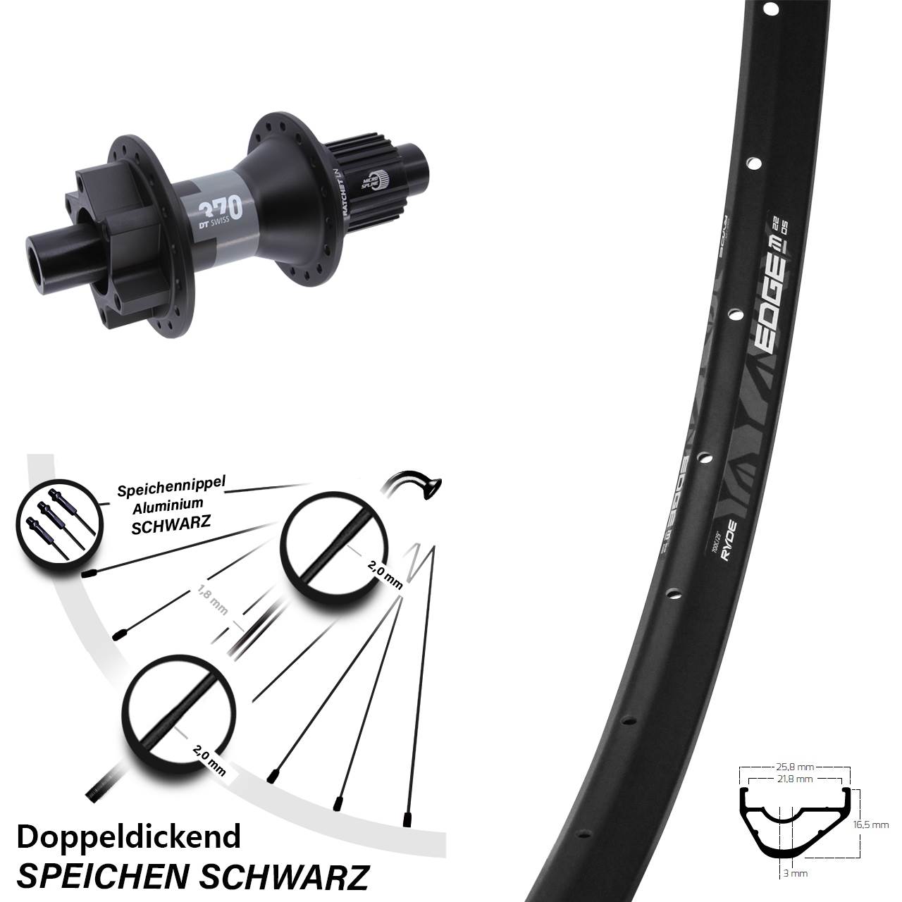 6-Loch Hinterrad 29 Zoll Ryde Edge M22 DT Swiss 370 Shimano Micro Spline 12x142