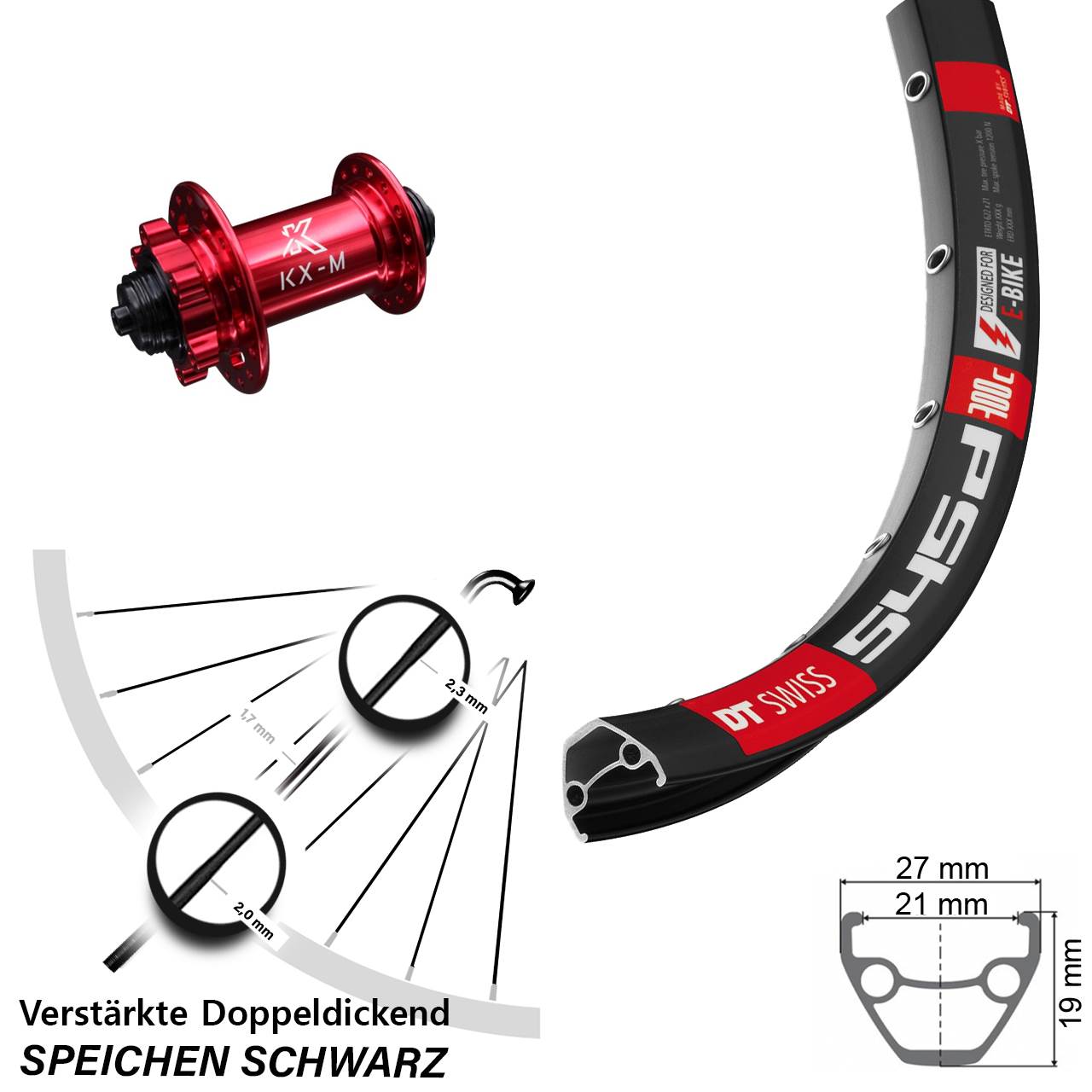 26 Zoll DT Swiss 545d KX-M rot Disc Vorderrad für Schnellspanner