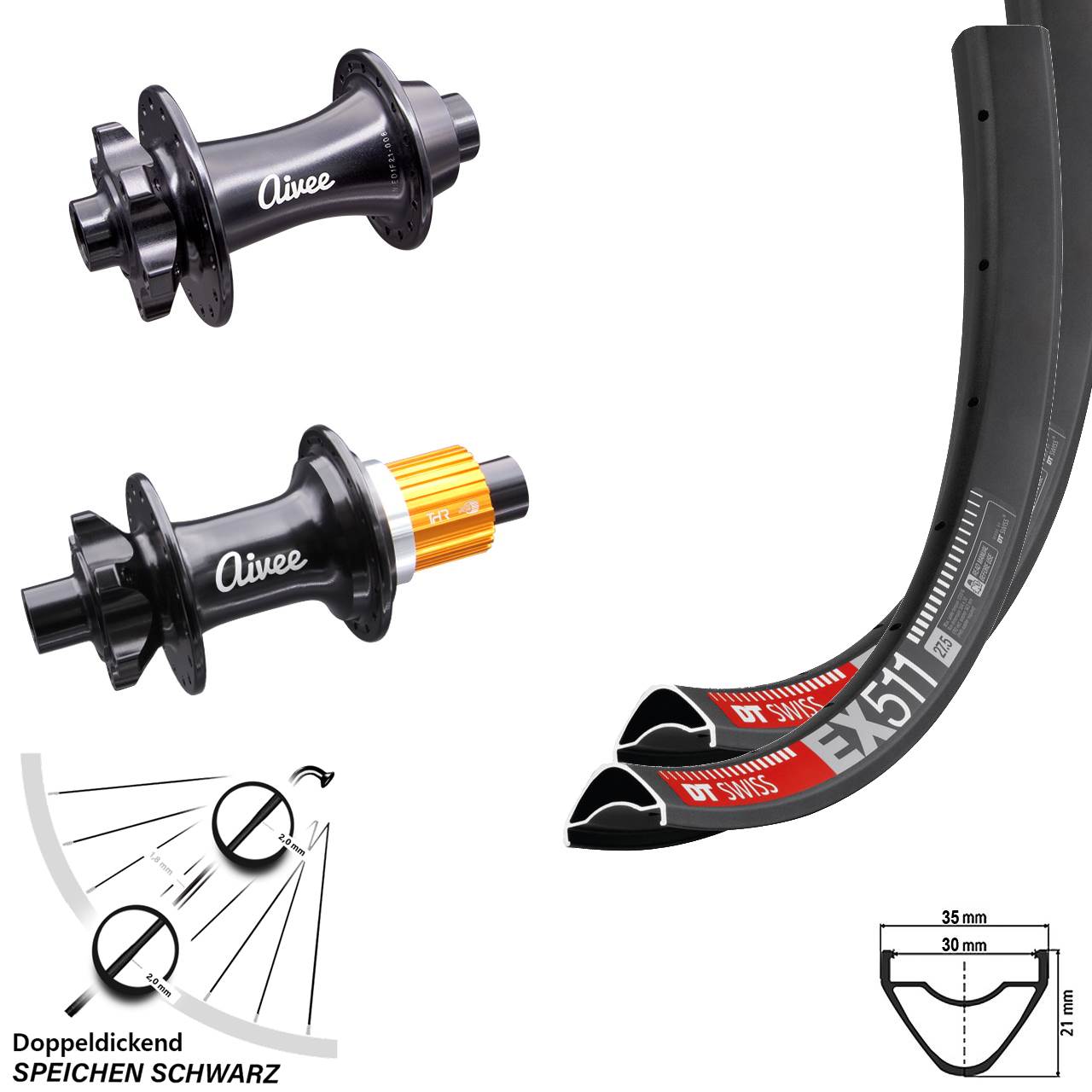29 Zoll Laufradsatz DT Swiss EX 511 Boost Nabe Aivee Classic Shimano Micro Spline Tubeless