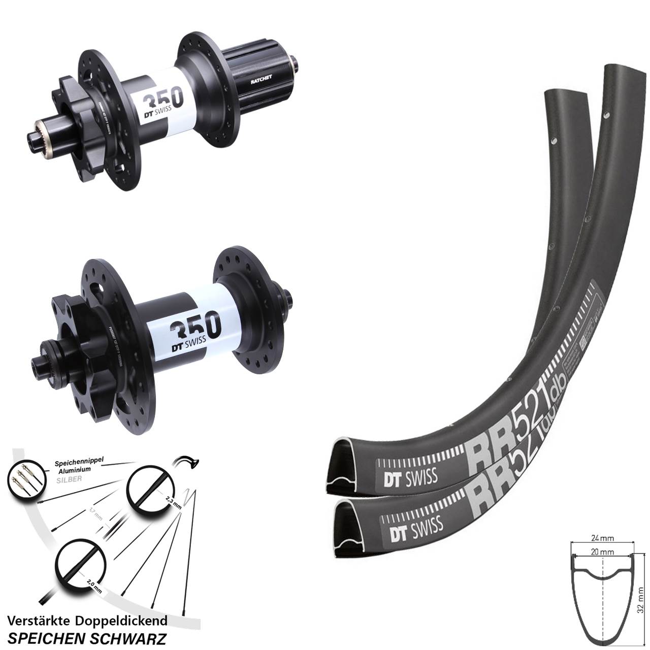 28 Zoll DT Swiss RR521 350 Disc Laufrad-Satz für Schnellspanner 8-11 fach HG