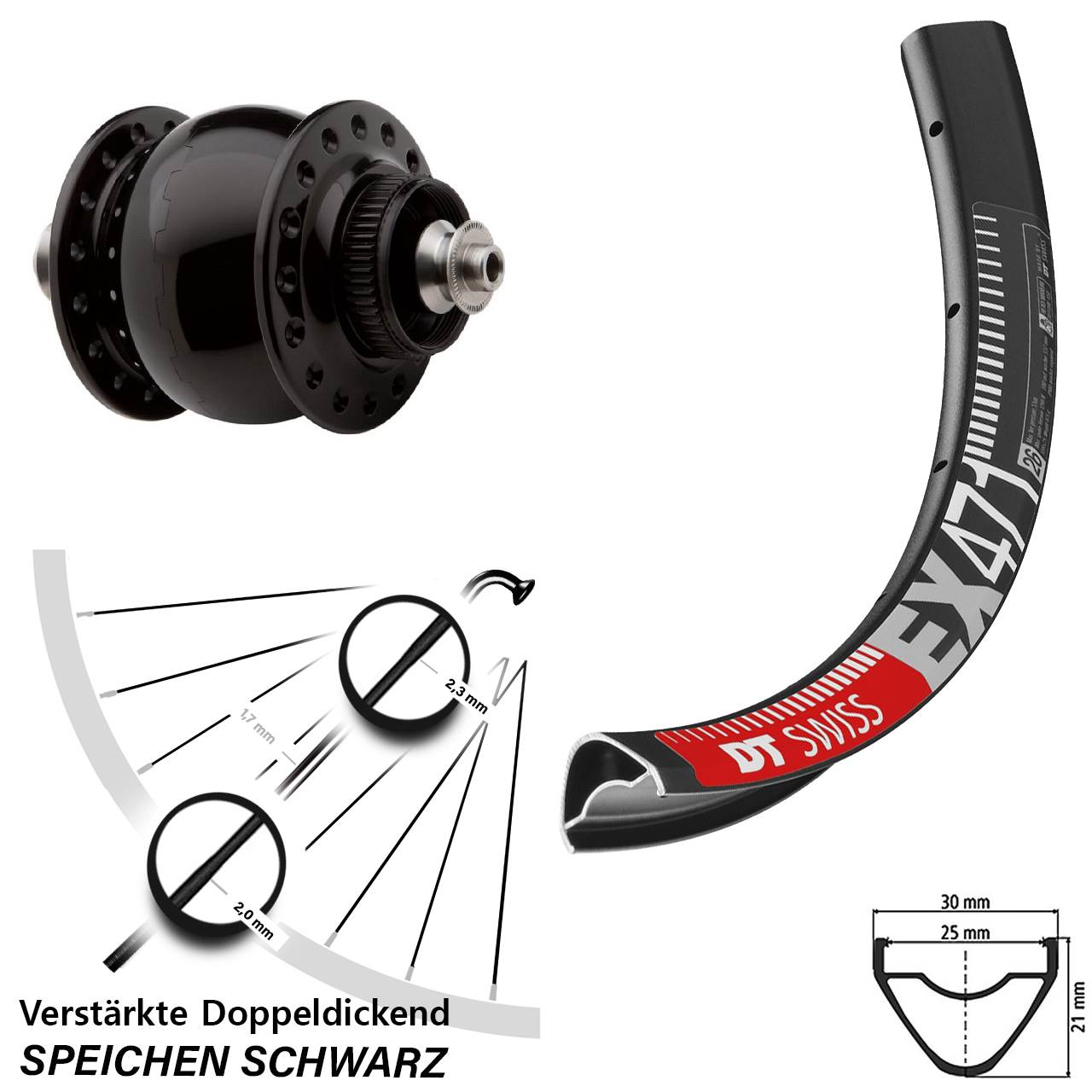 Nabendynamovorderrad Centerlock QR 26 Zoll DT Swiss EX471 SON 28