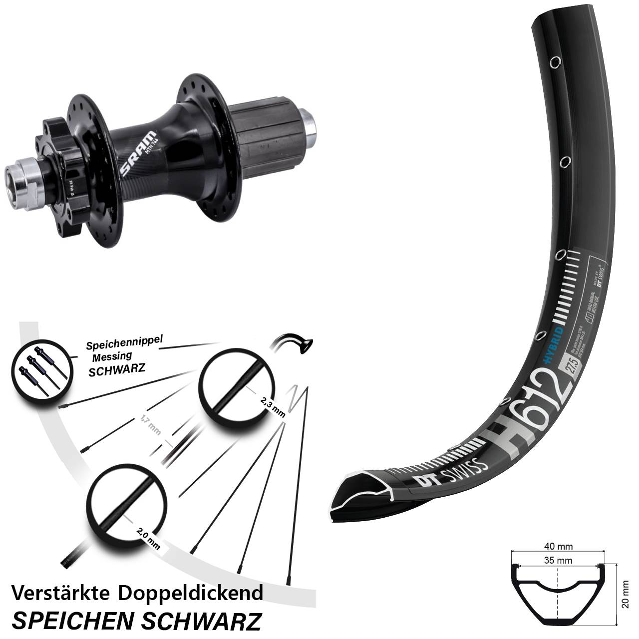 27,5 Zoll DT Swiss H 612 Sram 746 Disc Hinterrad 12x148 8-11 fach HG