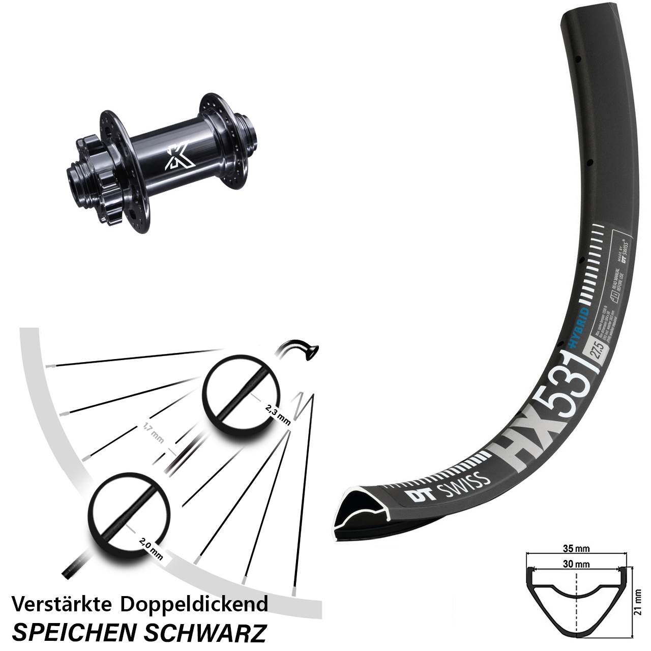 29 Zoll DT Swiss HX 531 KX-M 6-Loch Vorderrad 15x100