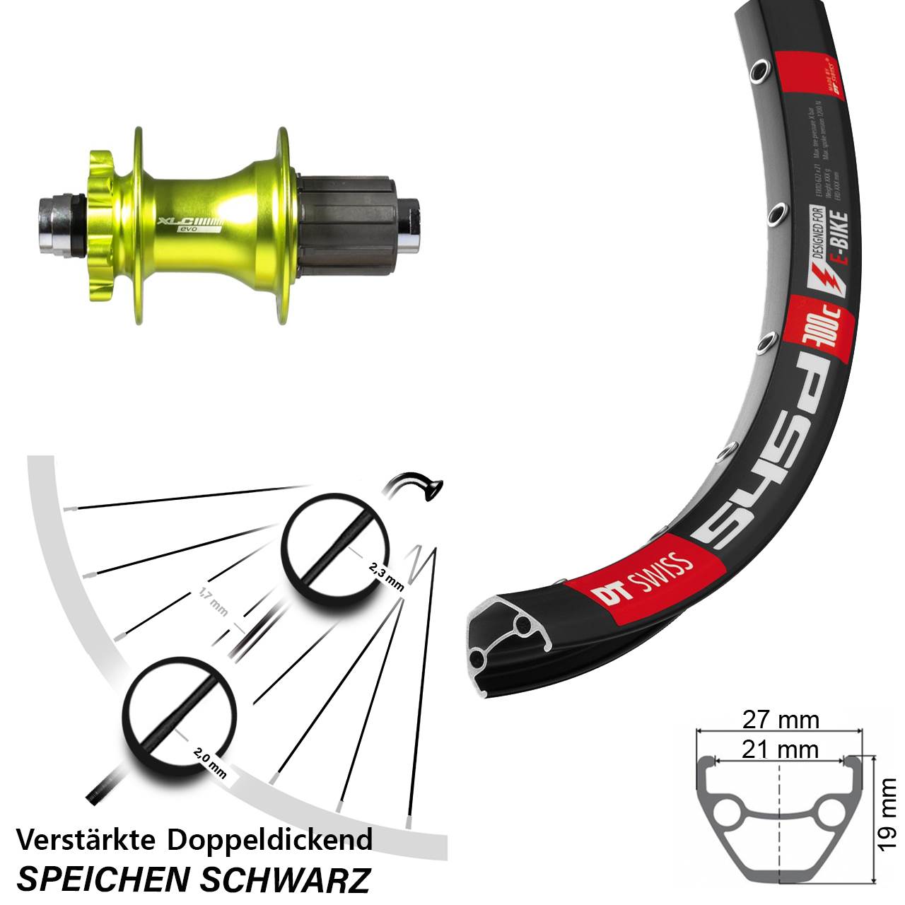 Hinterrad 6-Loch 28 Zoll DT Swiss 545 XLC Evo grün 8-11 fach 12x142