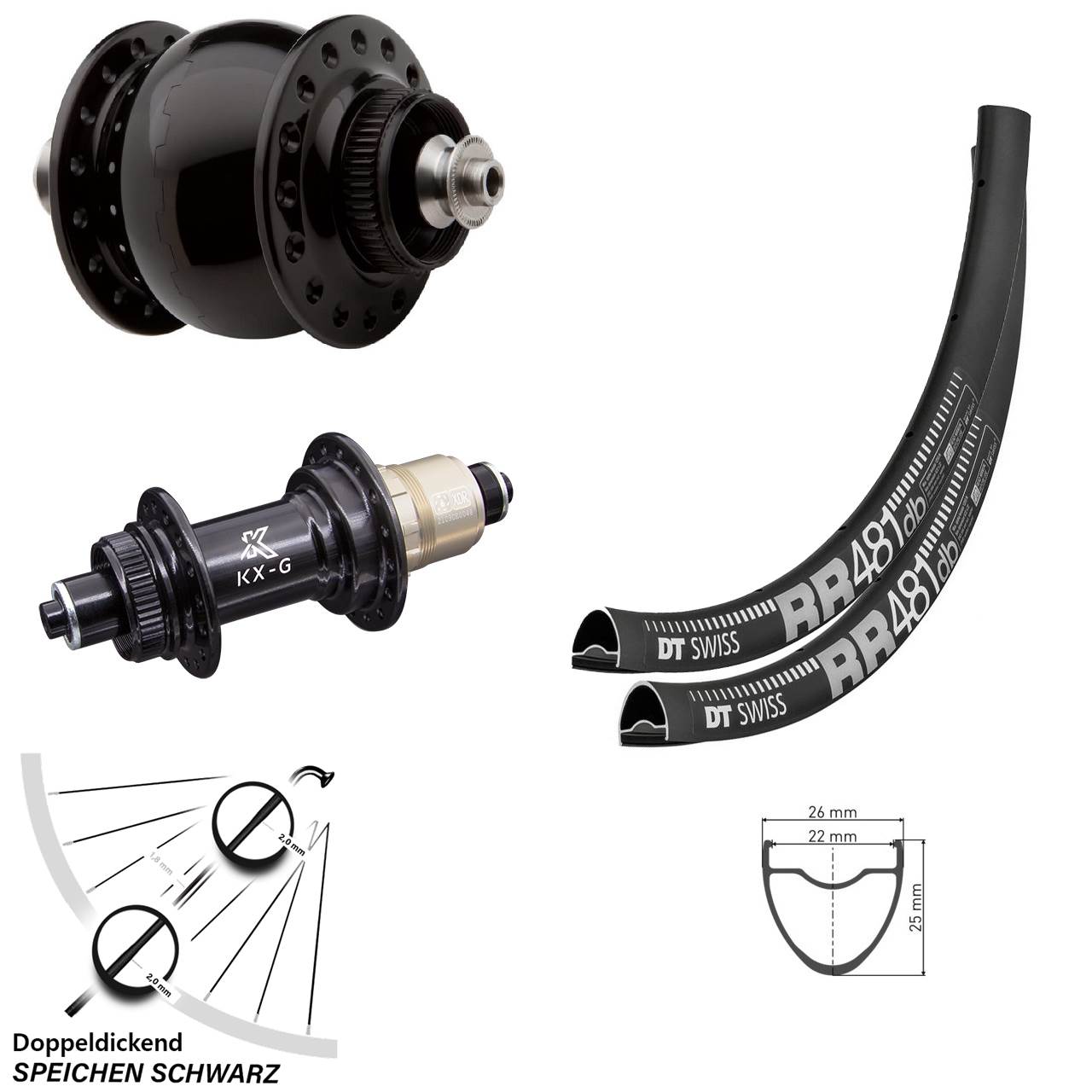 Laufradsatz Road Disc Dynamo Son 28 Zoll DT Swiss RR481 KX-G Sram XD-R 12-fach Tubeless