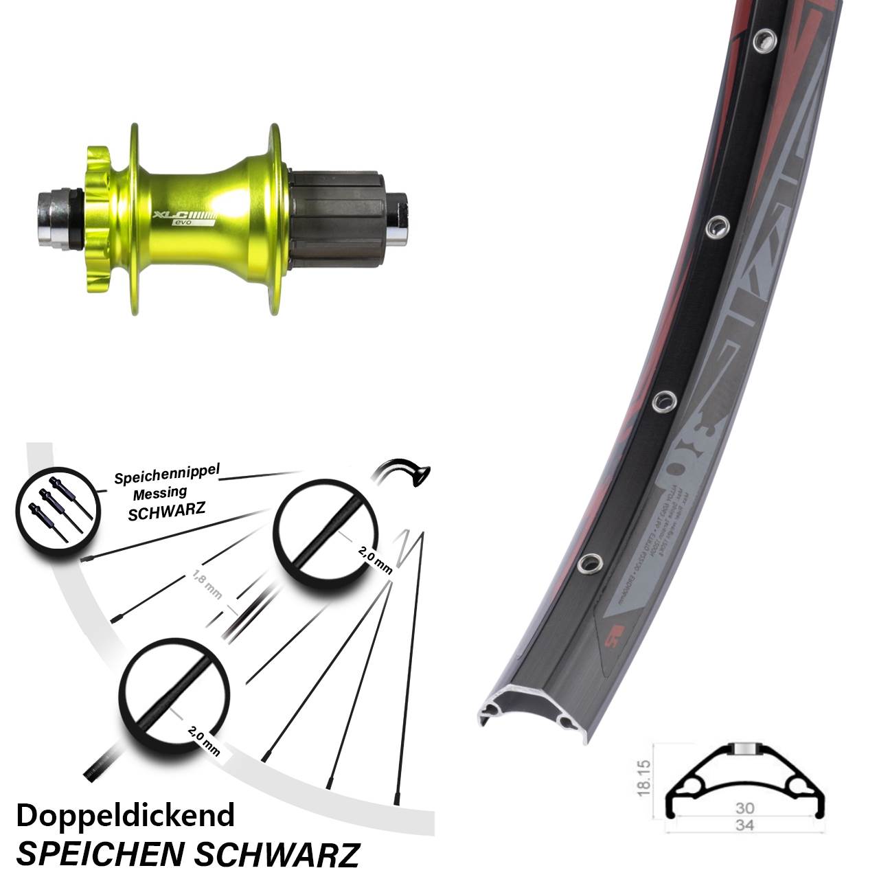 Rodi TRYP 30 XLC Evo grün 29 Zoll Disc Hinterrad 12x142 8-11 fach HG
