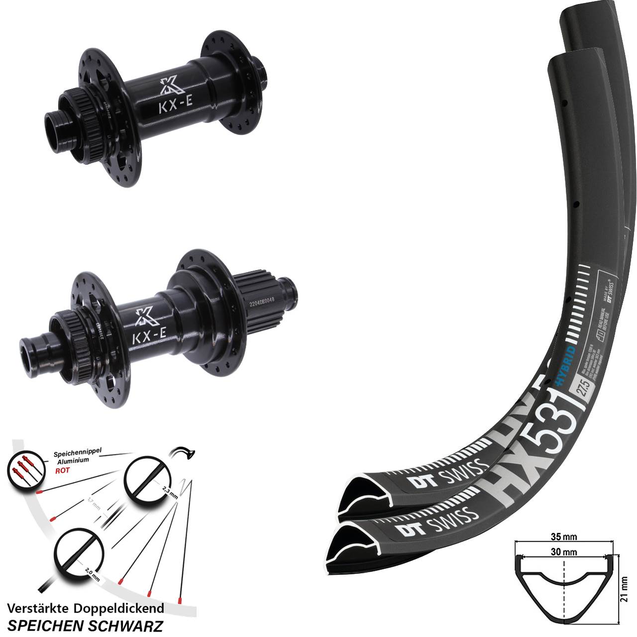 29 Zoll DT Swiss HX 531 KX-E Heavy Duty Laufrad-Satz 15x110 12x148 Micro Spline