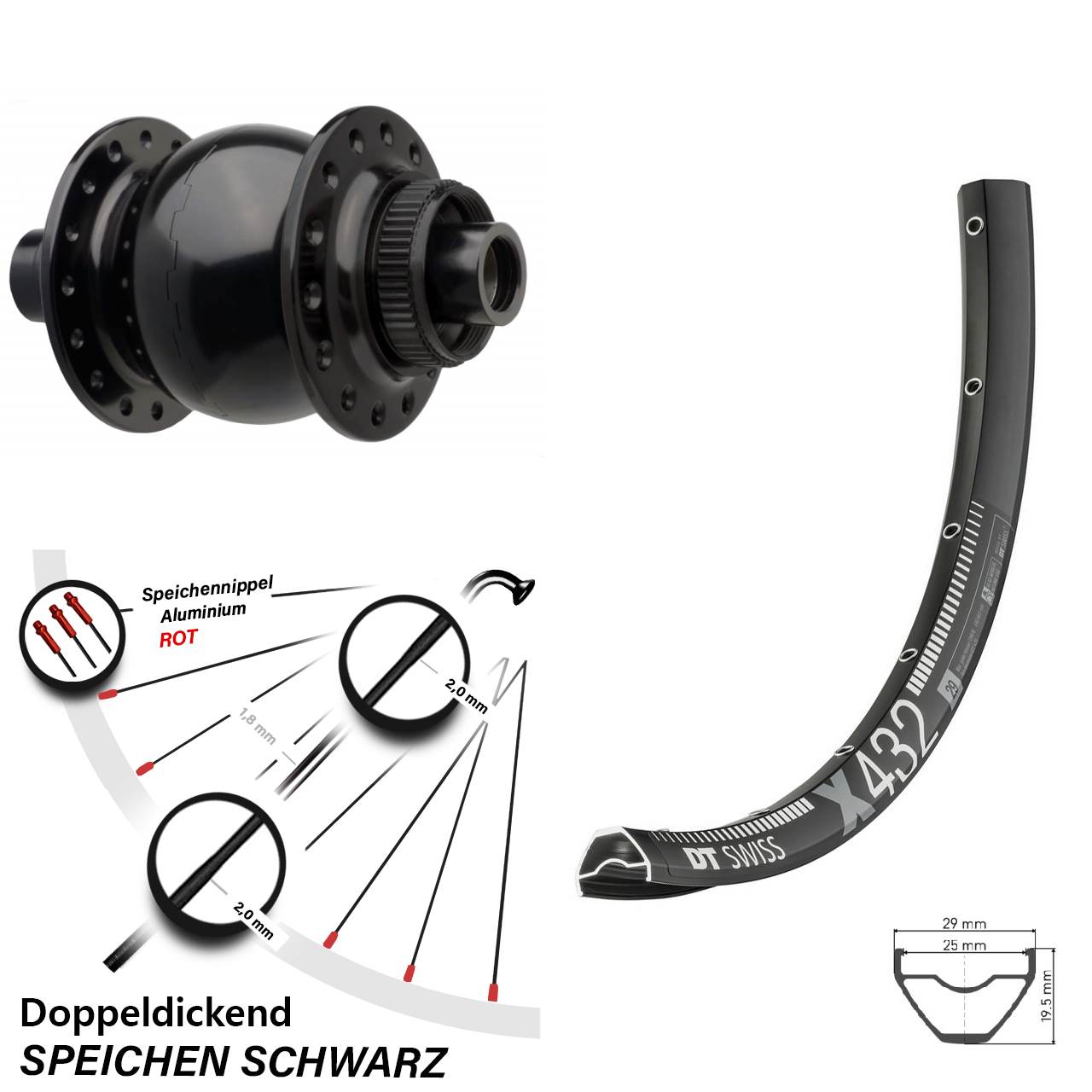 Dynamo Vorderrad 29 Zoll DT Swiss X 432 schwarz SON 28-15 Boost Centerlock 15x110 mm