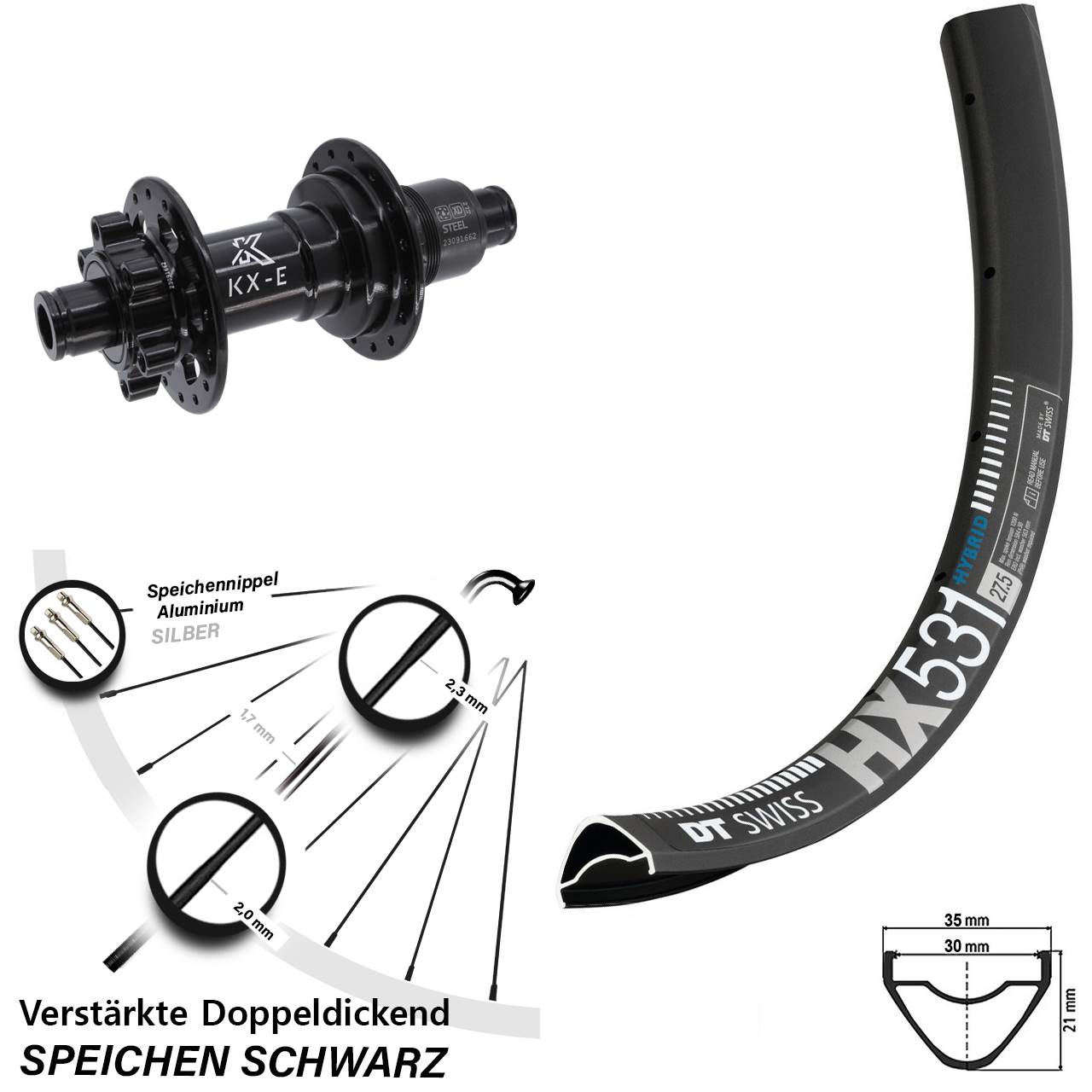 Disc Laufrad 29 Zoll DT Swiss HX 531 KX-E Stahl Freilauf SRAM XD 12x148 Boost