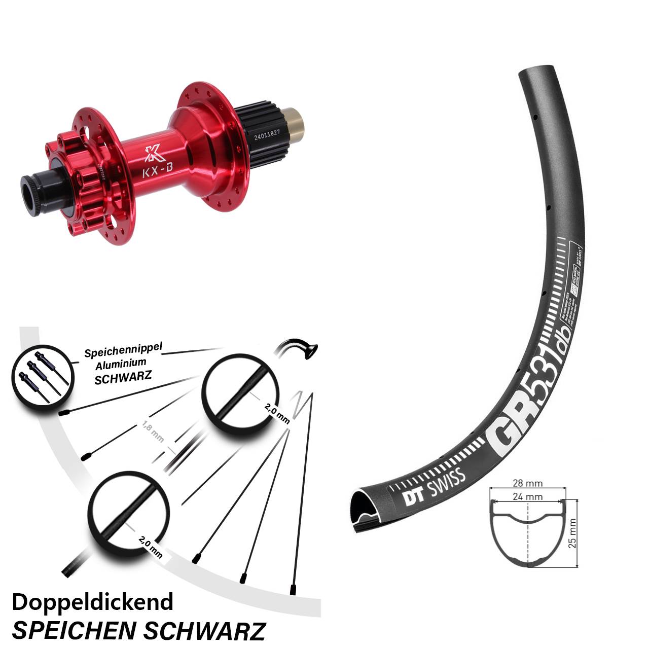 27,5 Zoll DT Swiss GR531 KX-B rot 6-Loch Hinterrad 12x148 Shimano Micro Spline