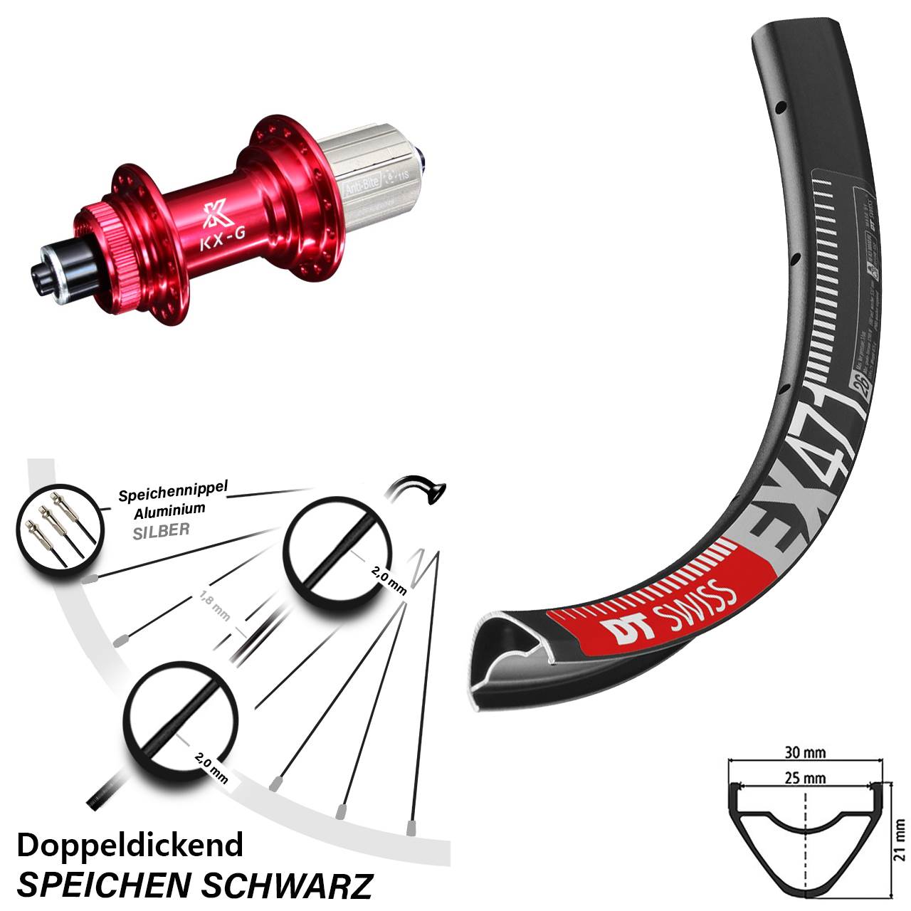 27,5 Zoll DT Swiss EX 471 Hinterrad KX-G rot 8-12 fach