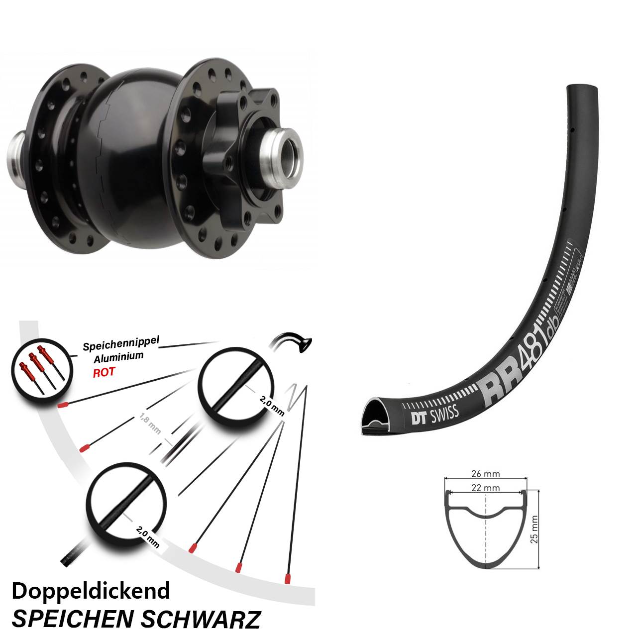 Vorderrad Nabendynamo SON 6-Loch DT Swiss RR 481 DB 28 Zoll Boost 12x110 mm 24 Speichen
