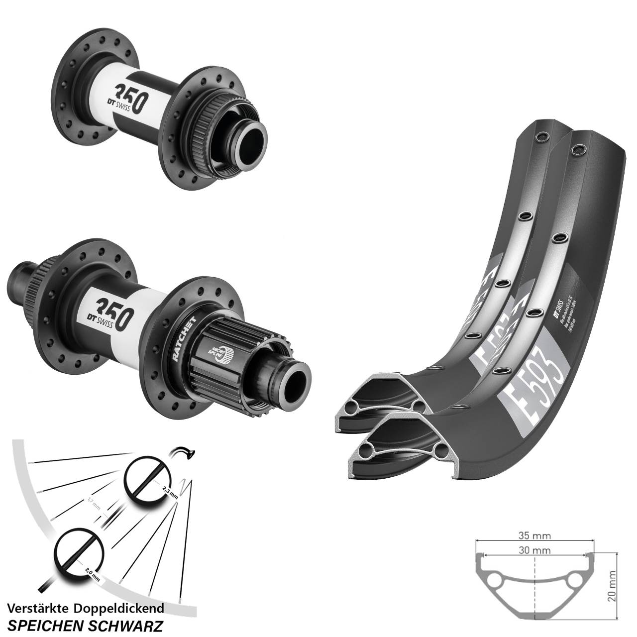 DT Swiss E 593 350 29 Zoll Disc Laufrad-Satz 15x100 12x142 Micro Spline