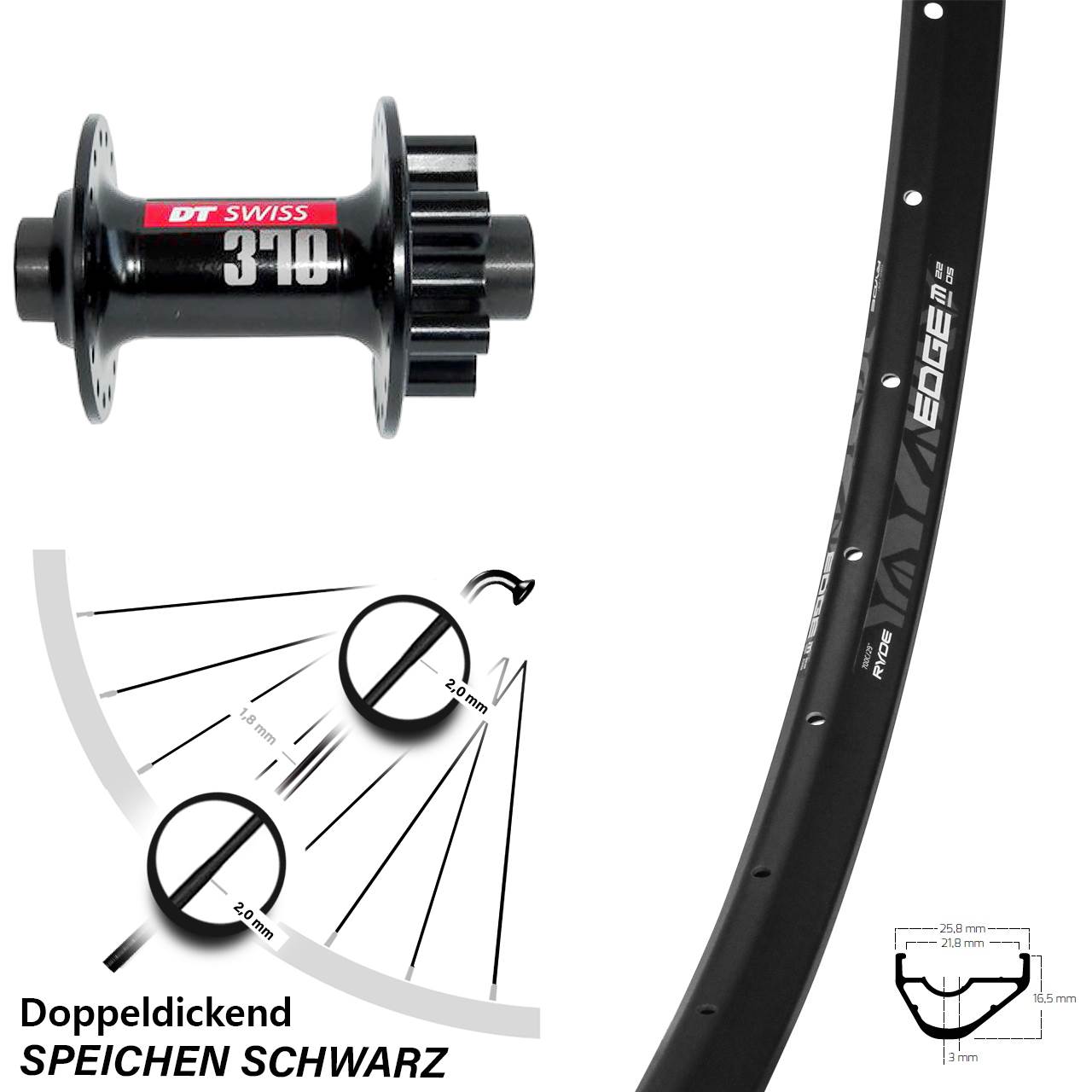 Disc Vorderrad 28-29 Zoll Ryde Edge M22 OS DT Swiss 370 12x100