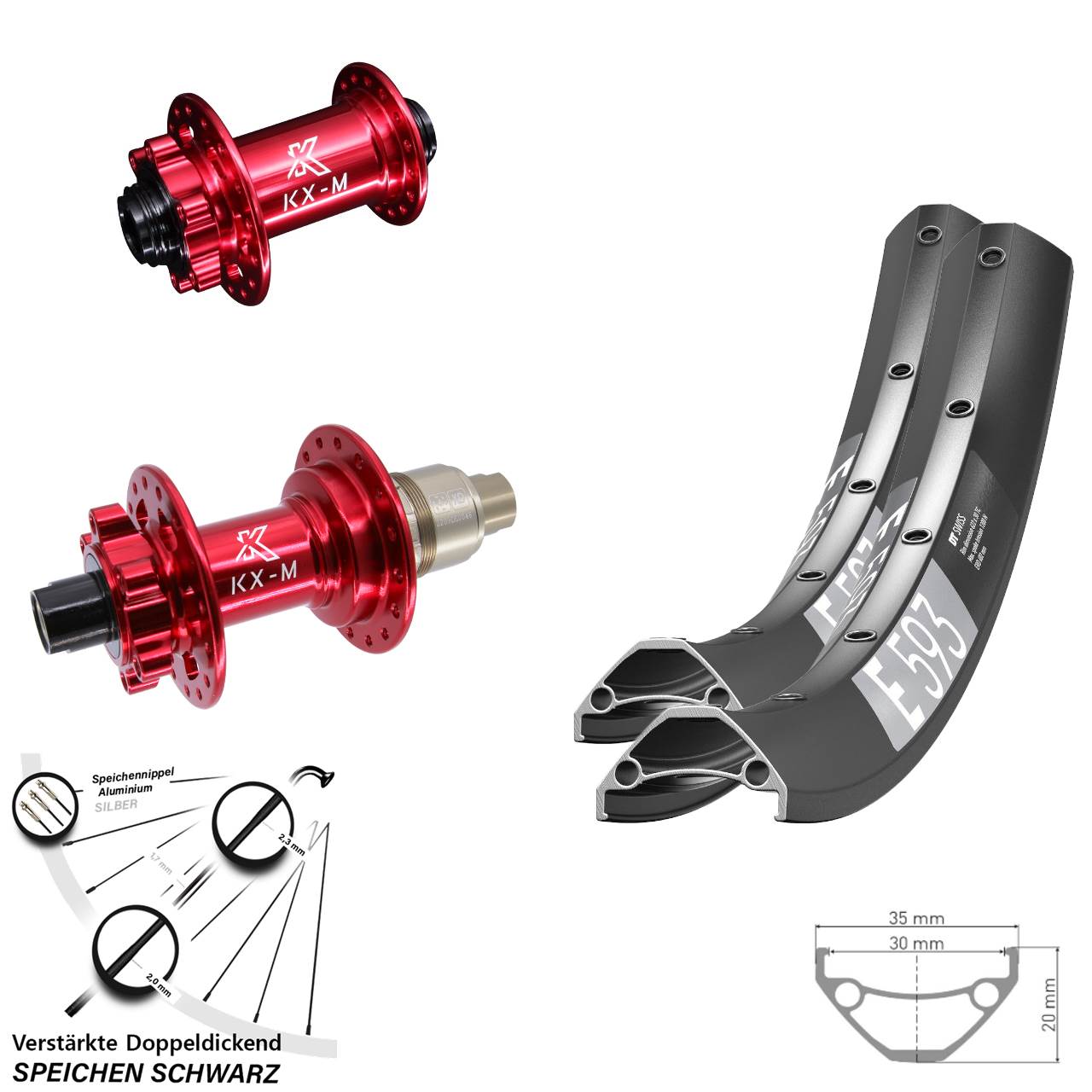 27,5 Zoll DT Swiss E593 KX-M rot 6-Loch Laufradsatz 15x100 12x142 XD