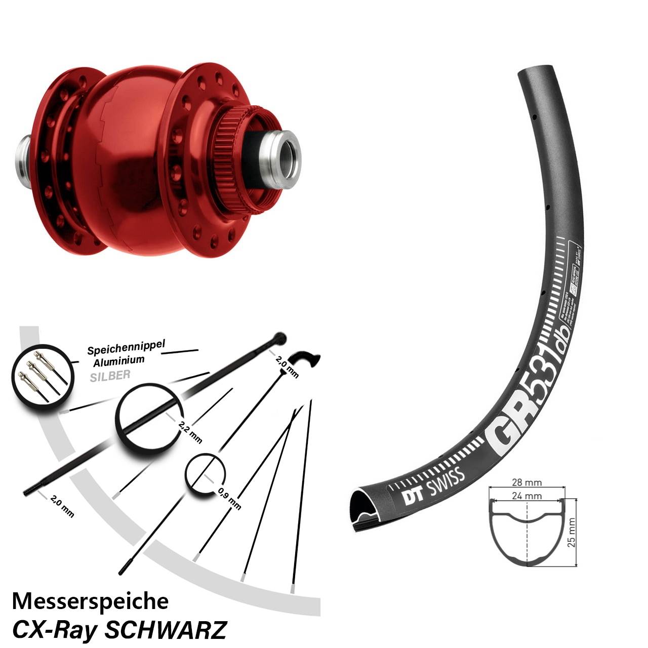Nabendynamo-Vorderrad Centerlock 28-29 Zoll DT Swiss GR531 SON 28 rot 12x100 CX-Ray