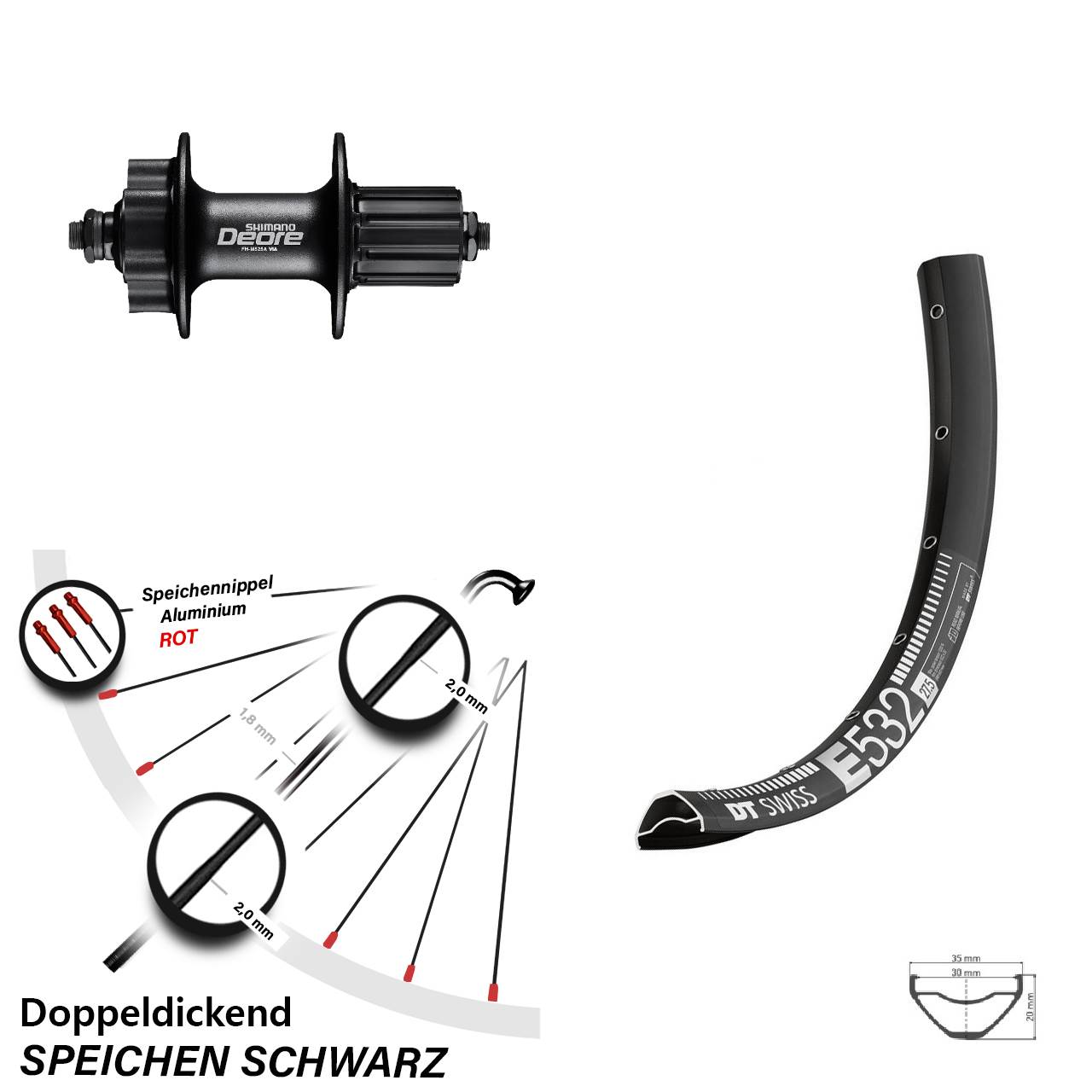 27,5 Zoll DT Swiss E 532 Shimano FH-M525 Hinterrad 6-Loch für Schnellspanner 8-11 fach