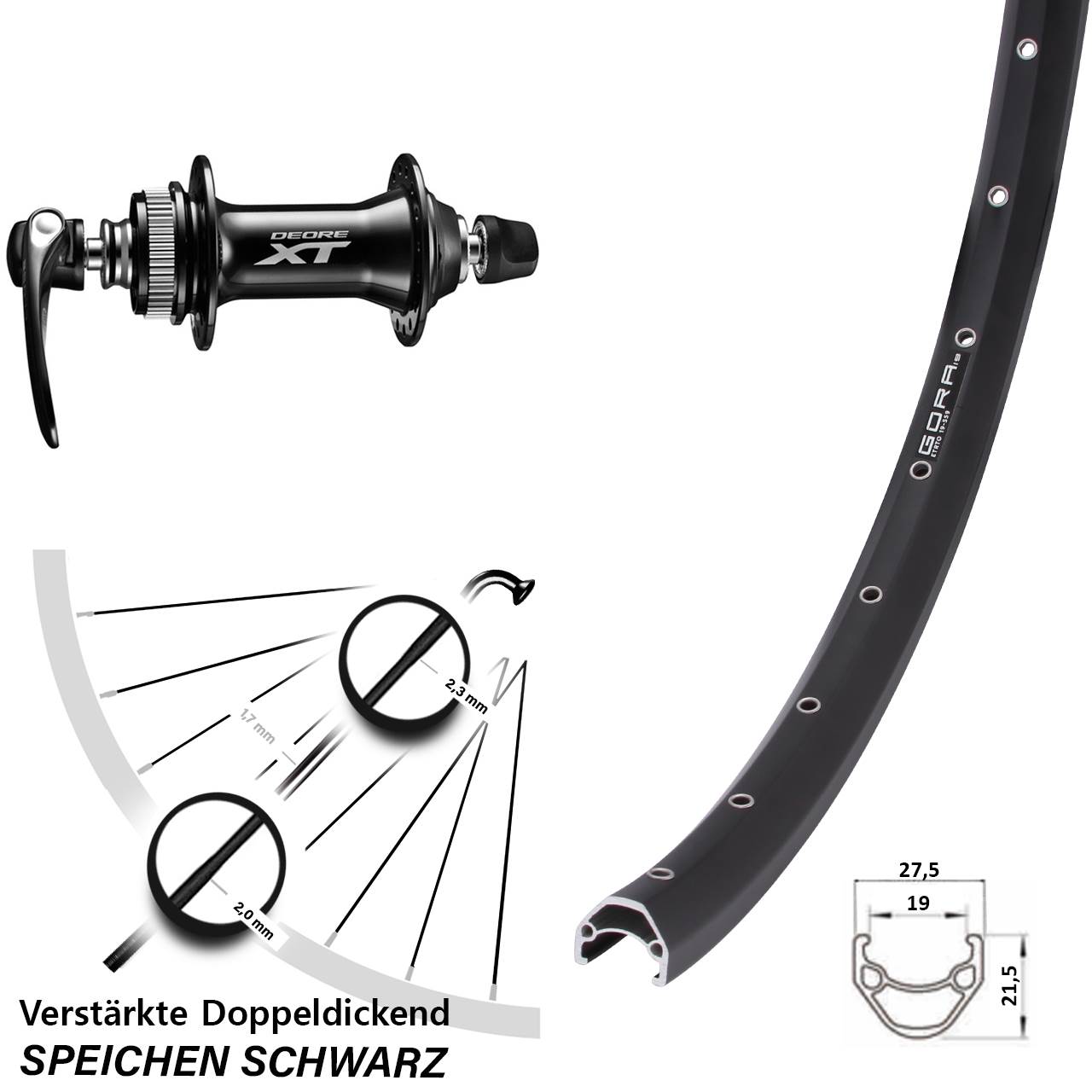 Vorderrad Centerlock 26 Zoll Gora 19 Shimano Deore XT HB-M8000 QR