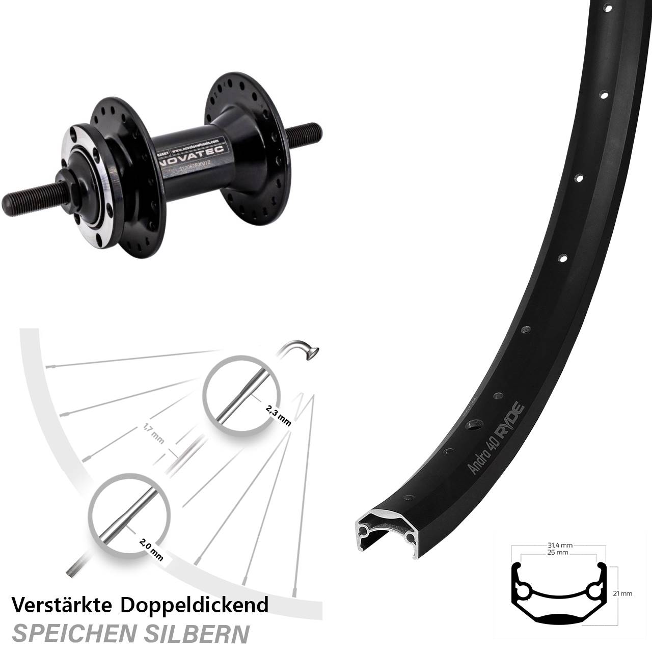 6-Loch Vorderrad 20 Zoll Ryde Andra 40 Novatec D763 Vollachse