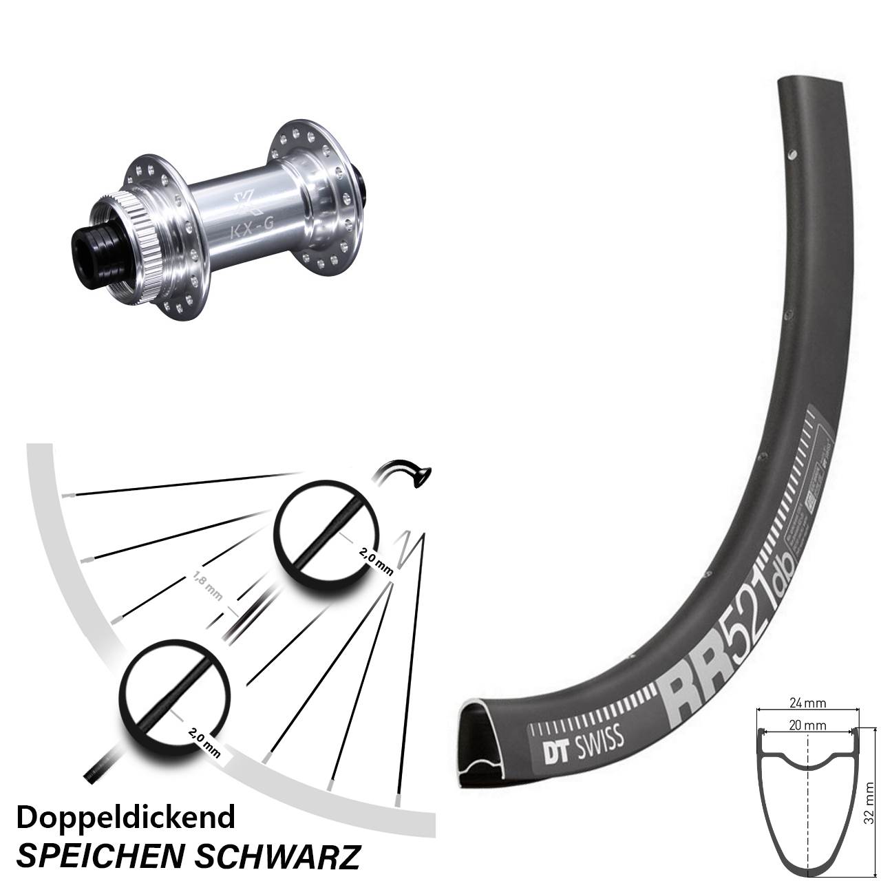 Vorderrad Centerlock 15x100 28 Zoll DT Swiss RR 521 KX-G silbern