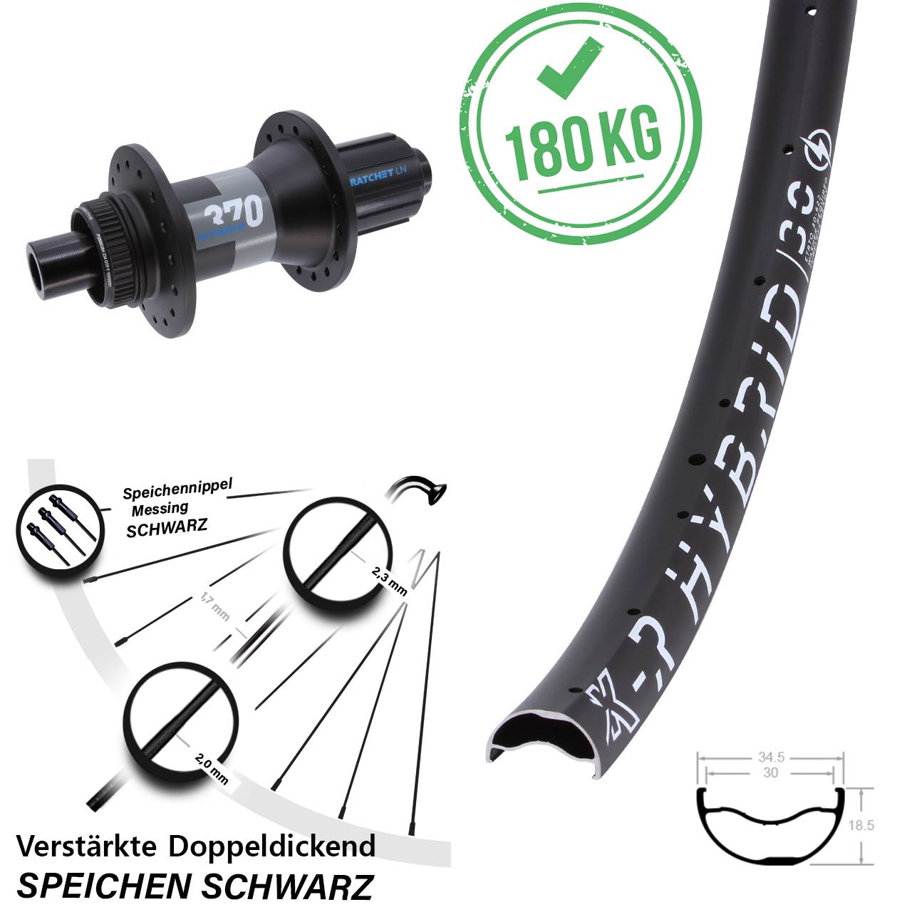 29 Zoll KX-R Hybrid 30 DT Swiss 370 Hinterrad Centerl. 12x148 Boost 8-11 fach HG