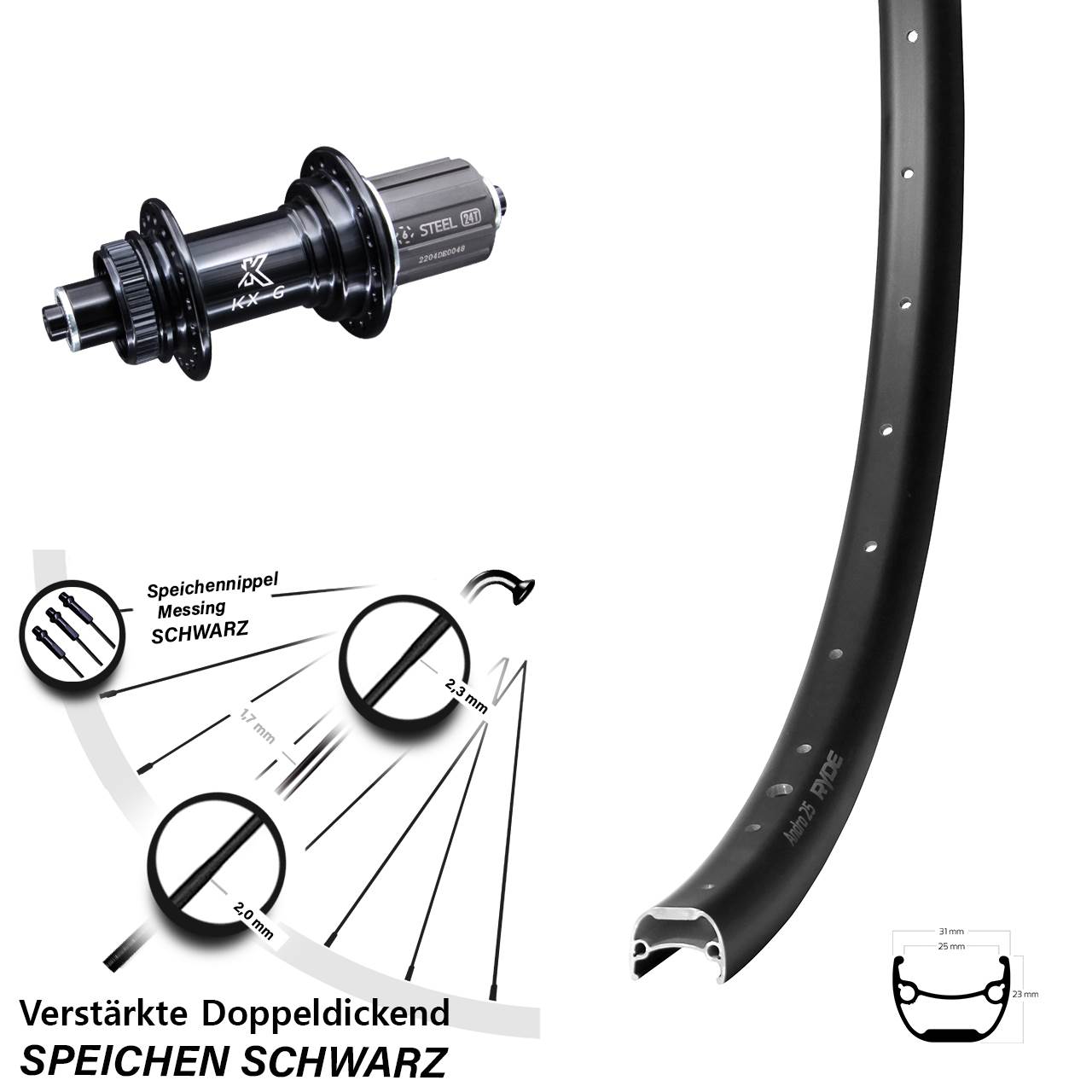 Centerlock Hinterrad 28-29 Zoll Ryde Andra 25 KX-GS verstärkt 8-12 fach HG QR