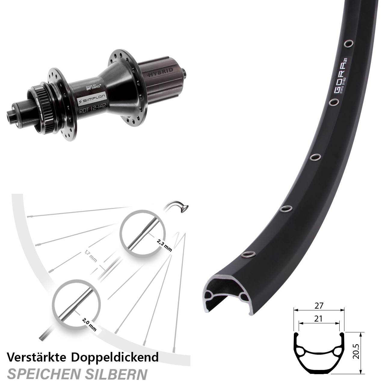 28-29 Zoll Gora 21 DT Swiss 370 Hybrid Centerlock Hinterrad QR 8-11 fach HG