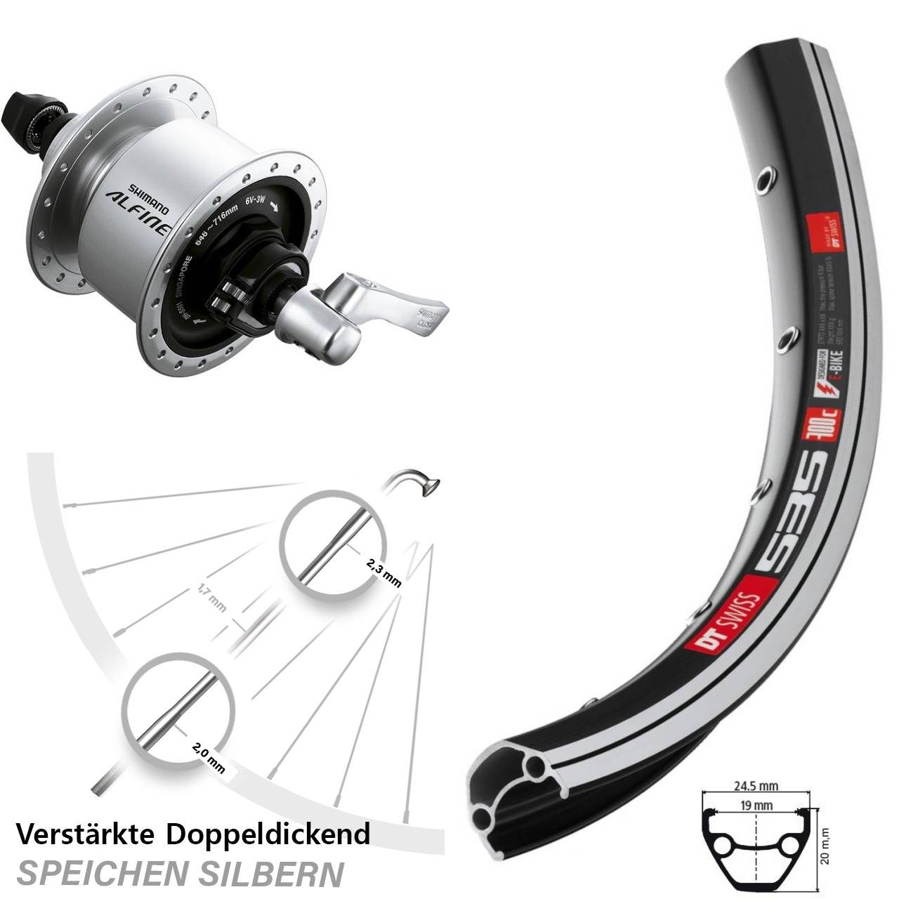 DT Swiss 535 Vorderrad mit Nabendynamo 28 Zoll Shimano Alfine QR