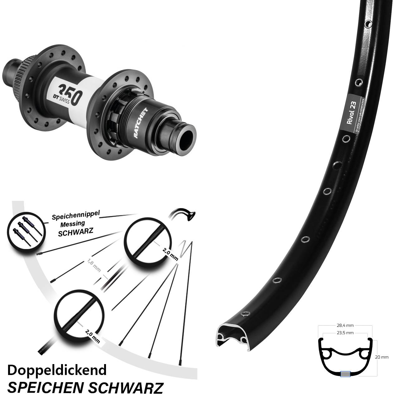 27,5 Zoll Ryde Rival 23 DT Swiss 350 Disc Laufrad 12x142 XD