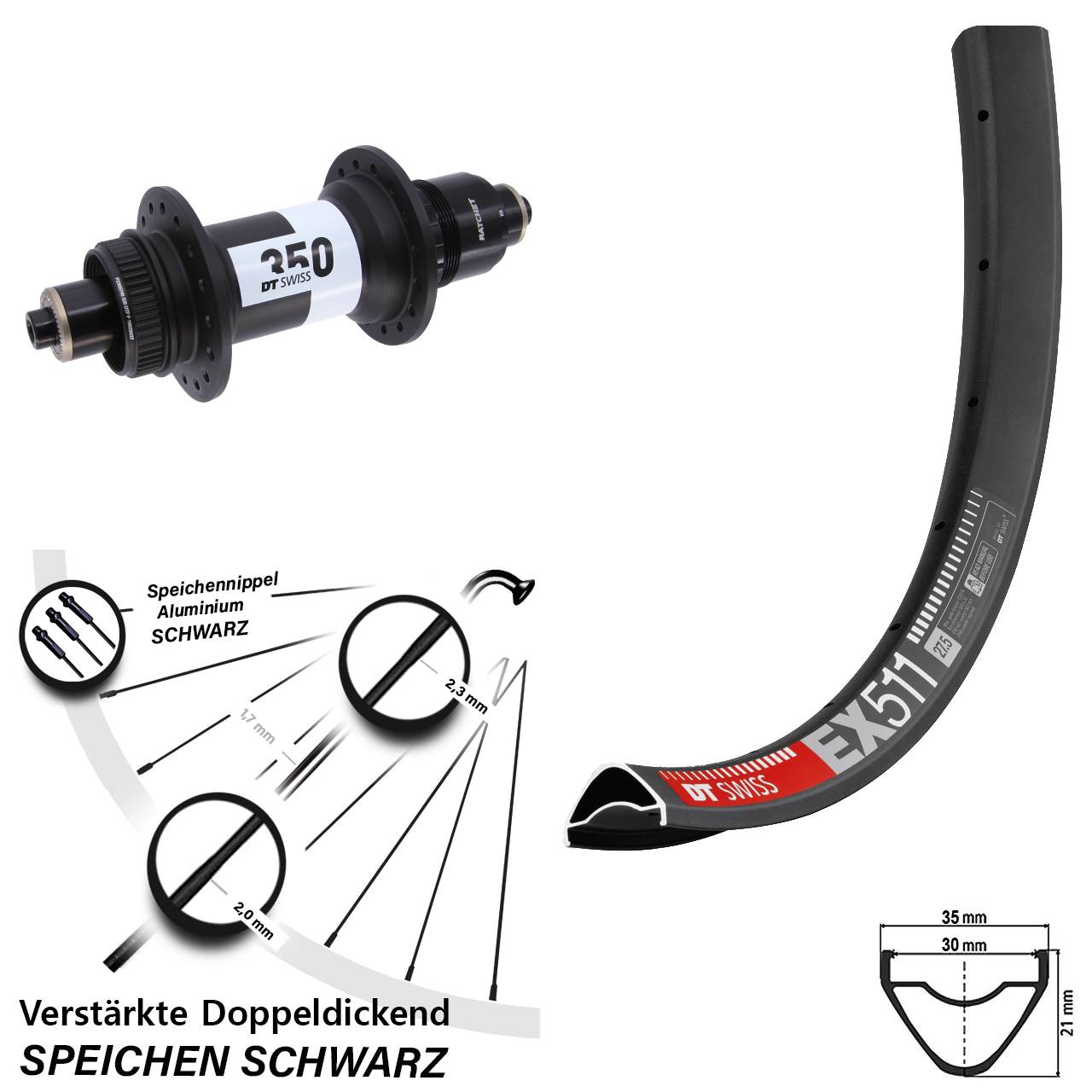 29 Zoll DT Swiss EX 511-350 Disc Hinterrad für Schnellspanner Boost XD