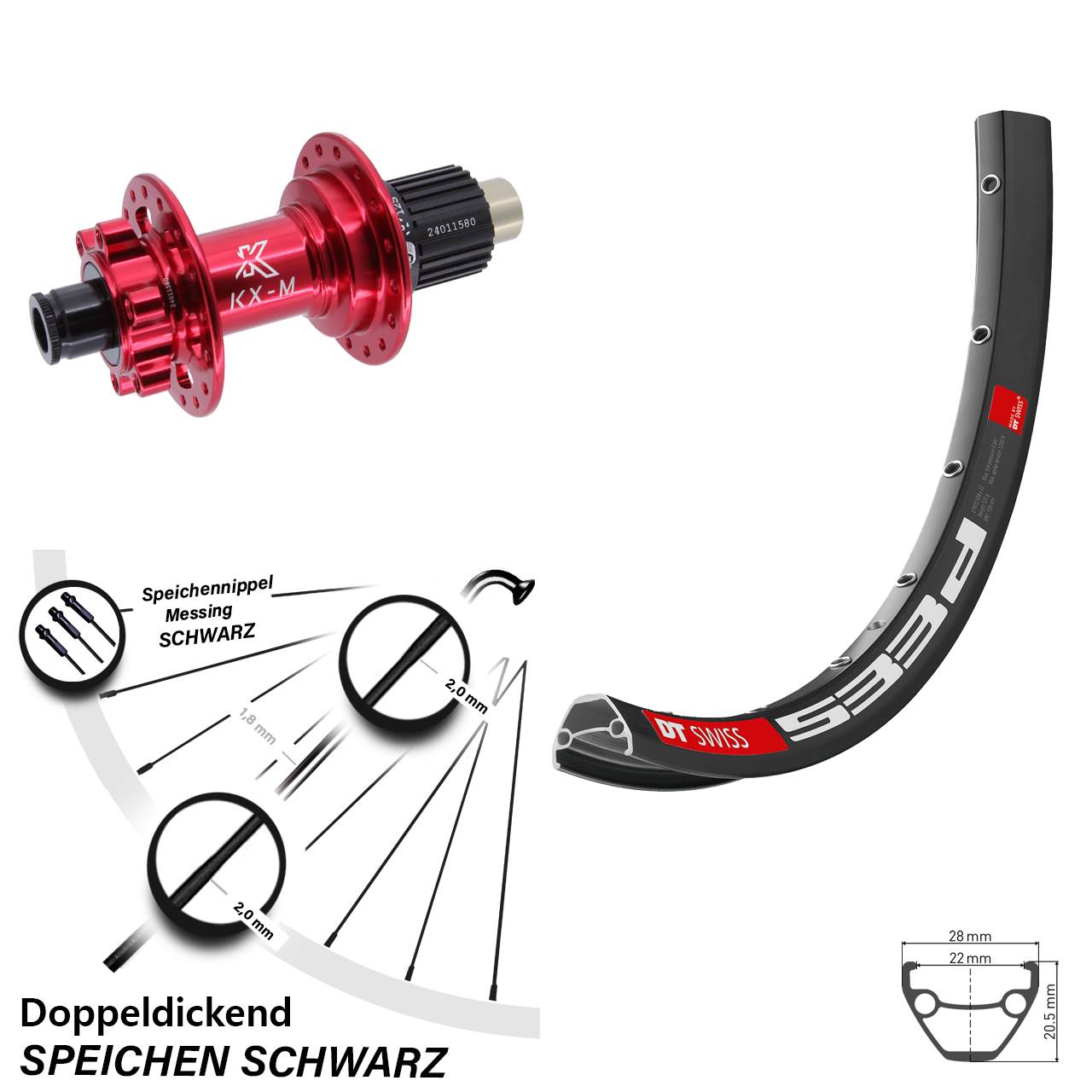 26 Zoll DT Swiss 533D Hinterrad KX-M rot Micro Spline 12x142