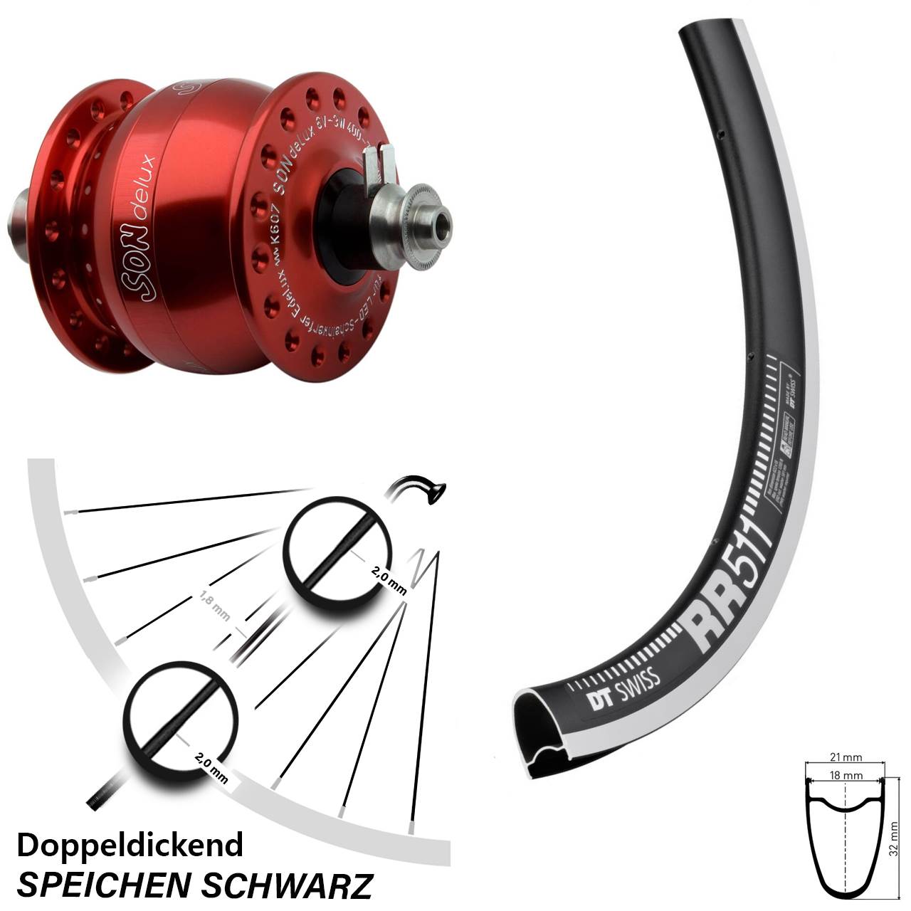 28 Zoll DT Swiss RR511 SON delux rot Dynamo-Vorderrad QR