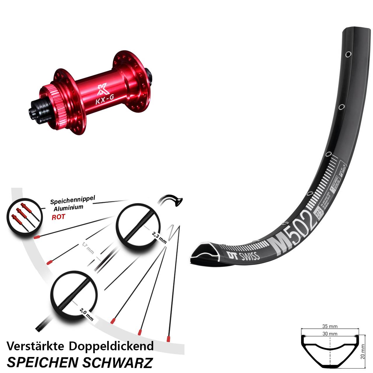 DT Swiss M 502 KX-G rot 29 Zoll Disc Laufrad für Schnellspanner