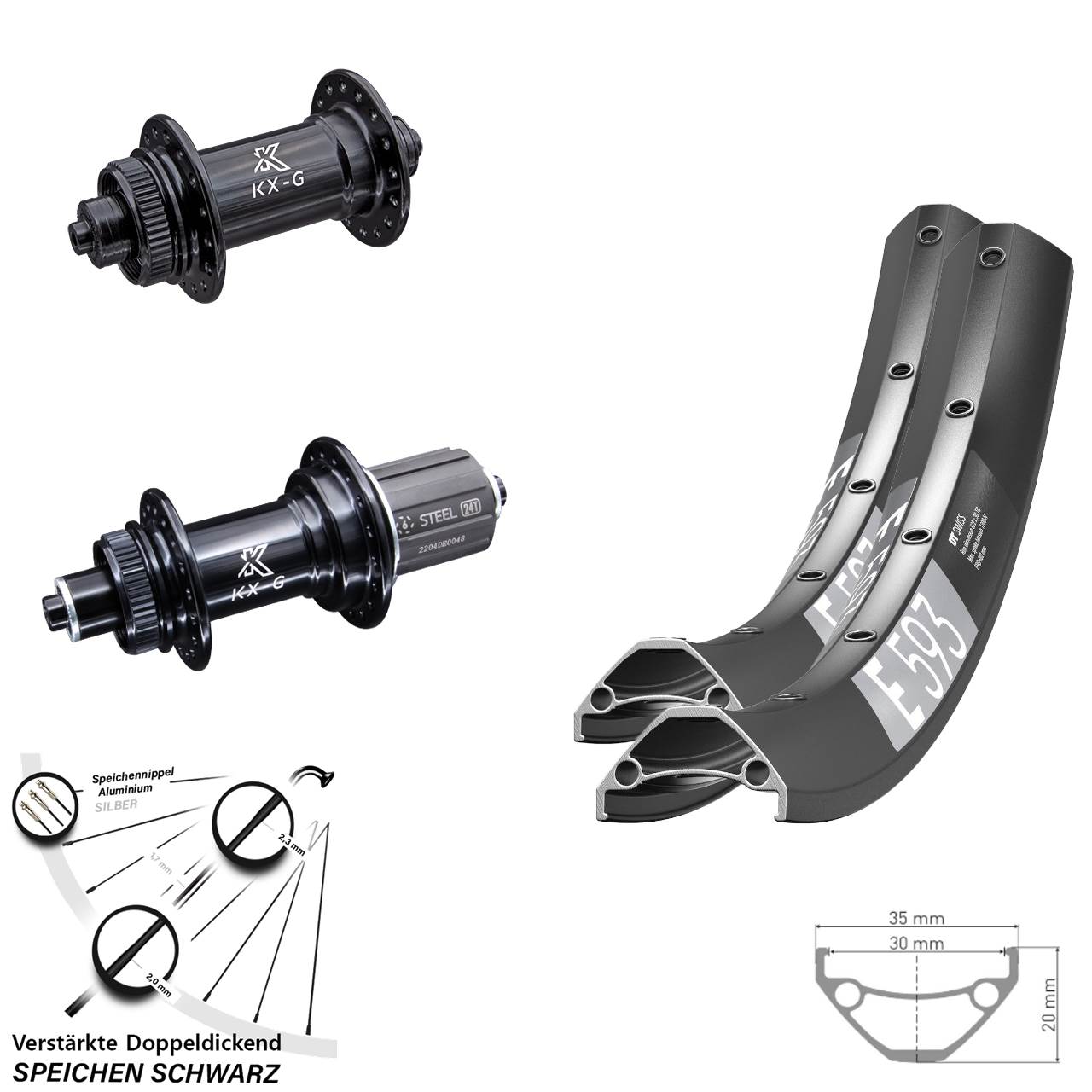Disc Laufrad-Satz für Schnellspanner 29 Zoll DT Swiss E 593 KX-GS Heavy Duty 8-12 fach