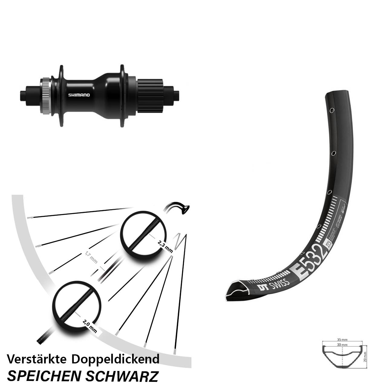 Disc Laufrad 27,5 Zoll DT Swiss E 532 Shimano FH-QC500 Micro Spline für Schnellspanner