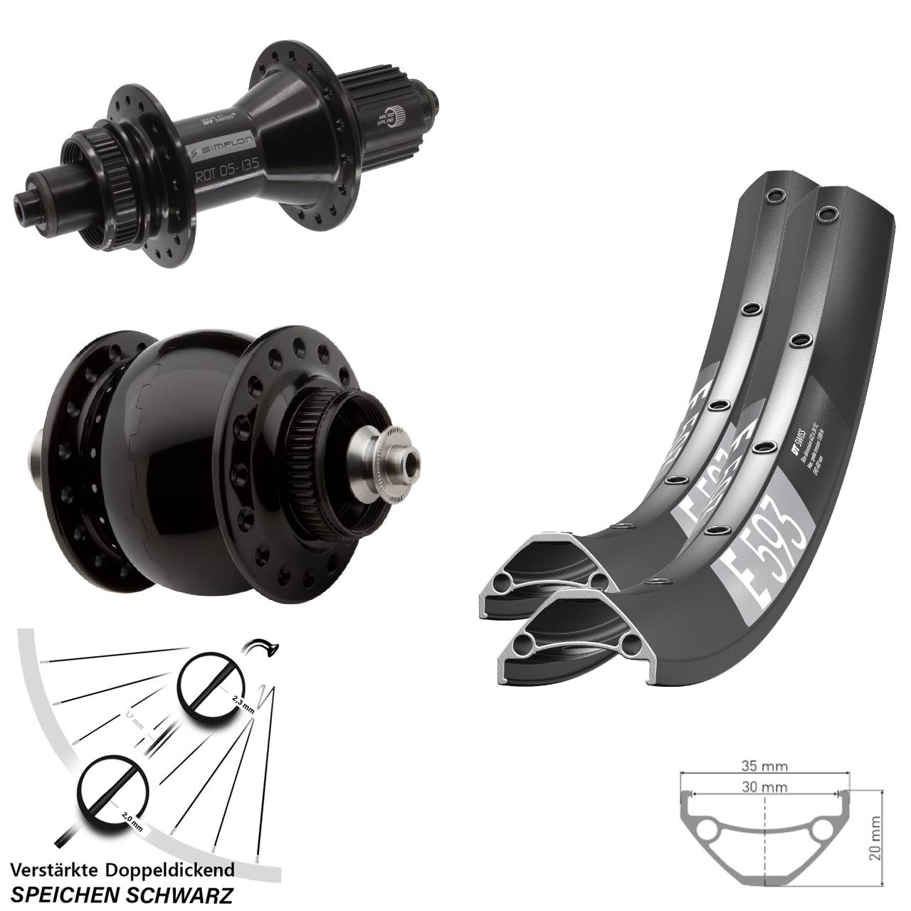 Centerlock Laufradsatz 27,5 Zoll DT Swiss E593 370 Hybrid SON 28 Shimano Micro Spline QR