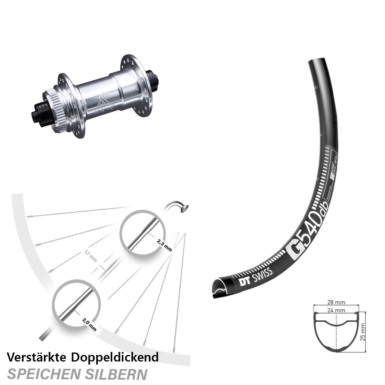 DT Swiss G 540 DB Vorderrad verstärkt KX-E Vorderradnabe 5x100 Sapim E-Light