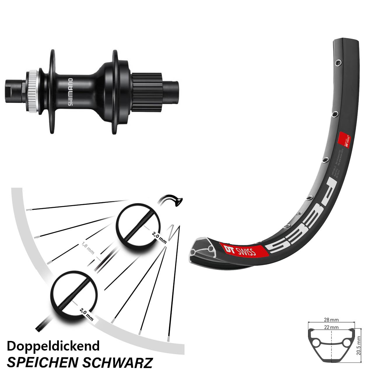 Centerlock Hinterrad 12x142 26 Zoll DT Swiss 533 D Shimano FH-MT510 Shimano Micro Spline