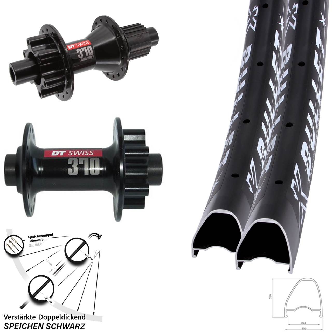 KX Bullet OS-370 DT Swiss 370 28-29 Zoll Disc Laufrad-Satz 12x100/142 Shimano Micro Spline