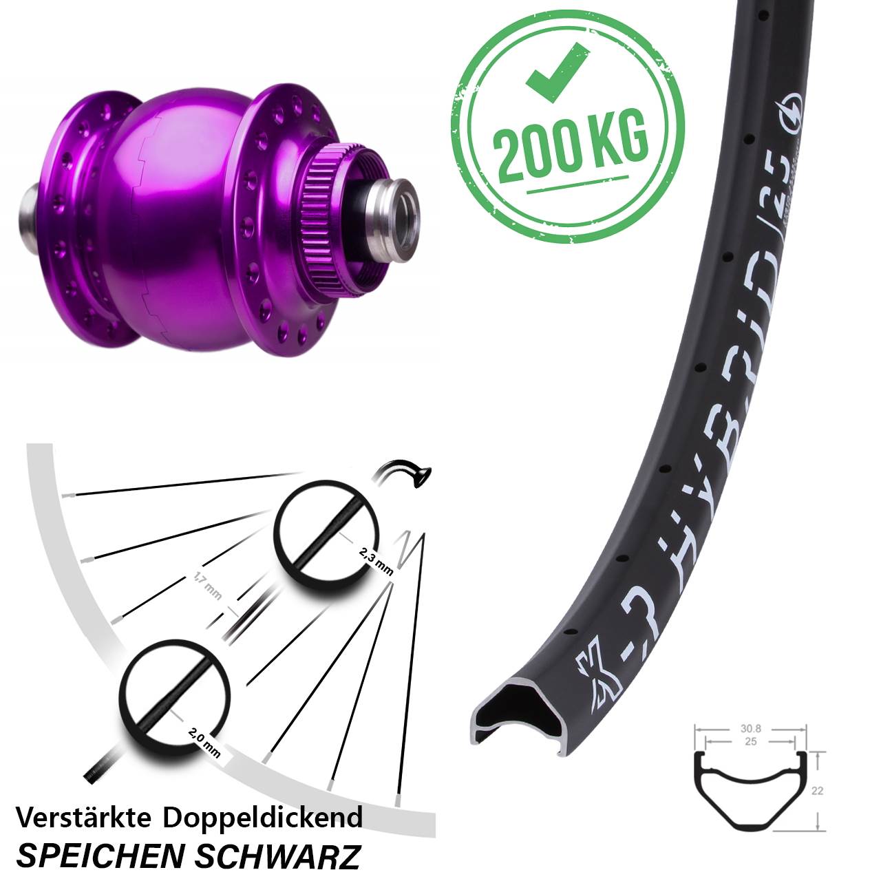 Disc Nabendynamovorderrad 27,5 Zoll KX-R Hybrid 25 SON 28 violett 12x100