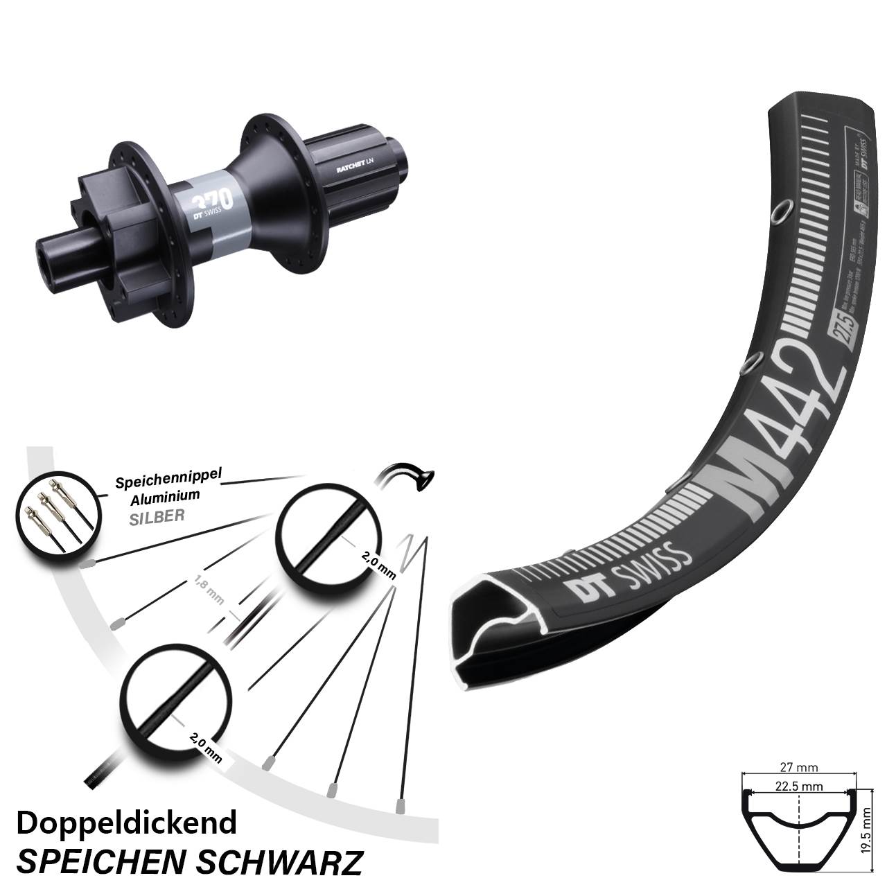 M 442 DT Swiss 370 12x142 mm Hinterrad 29 Zoll Disc 6-Loch 8-11 fach