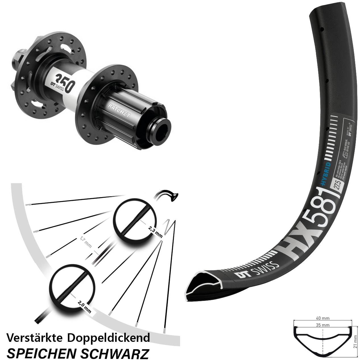27,5 Zoll DT Swiss HX 581-350 Disc Laufrad 12x148 8-11 fach HG