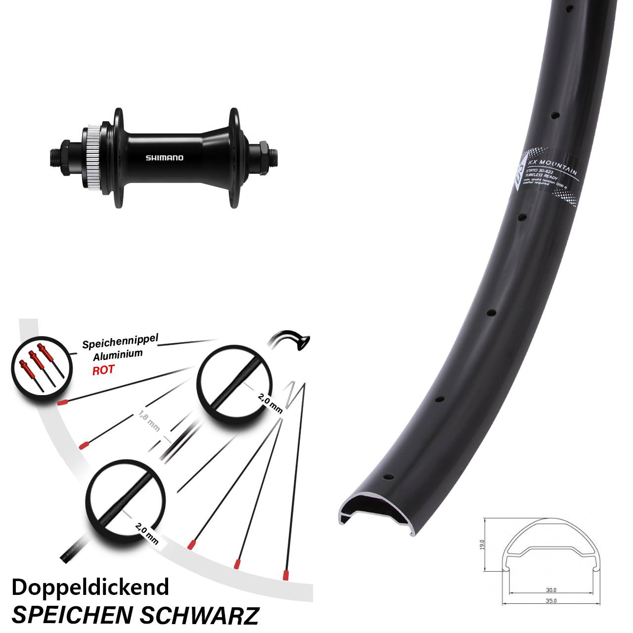 KX Mountain Shimano HB-QC400 29 Zoll Centerlock Vorderrad für Schnellspanner